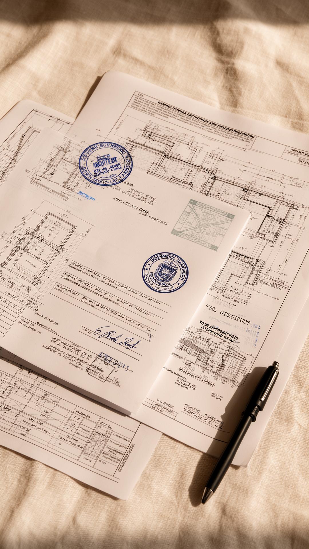 Stamped architectural permit submittal package with city plan-check stamp and architect's seal